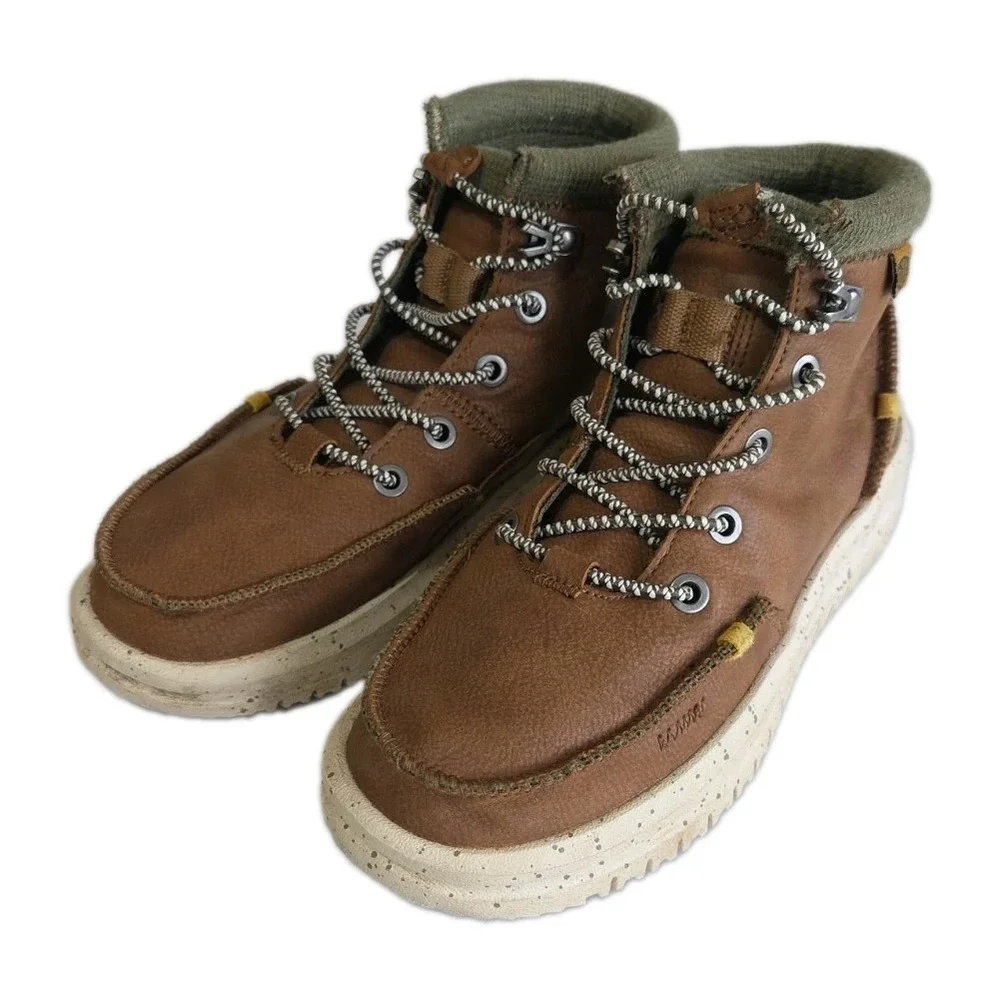 Hey Dude Boot Boys Sz 2  Leather Comfort Green Bradley Lightweight Walnut